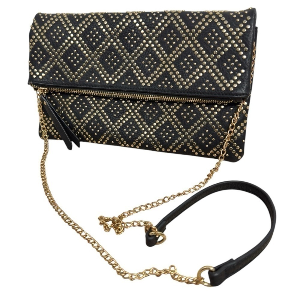 Madison West Stud Accent Fold-Over Clutch Crossbody Black with Gold Hardware - Picture 2 of 7